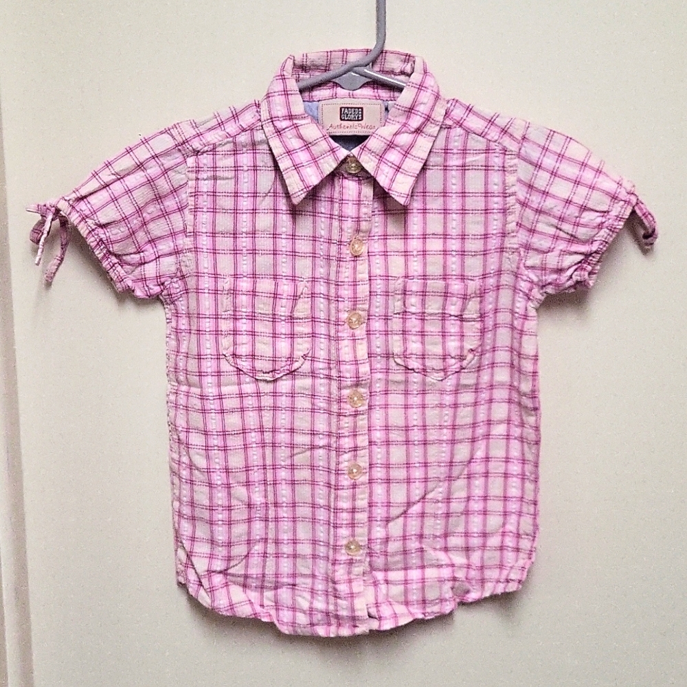 Faded Glory Pink and White Plaid, Short Sleeve Button Top